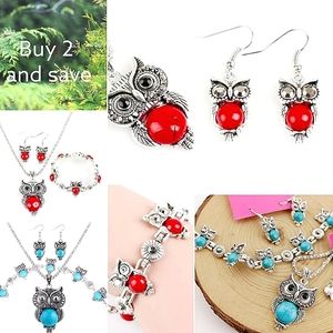 2 sets silver crystal red and blue stone owl necklace earring Bracelet sets